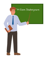 Man standing in front of green chalkboard with name William Shakespeare . He holding book and pointer. Literature teacher.