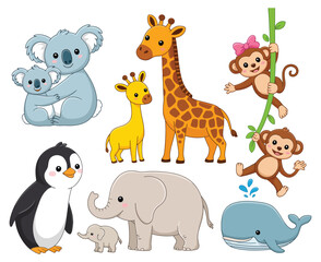 Fototapeta premium baby and adult animal vector illustration set featuring koalas, penguins, giraffes, monkeys, elephants, and whales in a whimsical style for baby shower invitations, stickers, and posters.