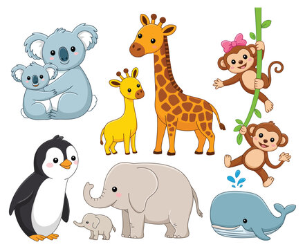 baby and adult animal vector illustration set featuring koalas, penguins, giraffes, monkeys, elephants, and whales in a whimsical style for baby shower invitations, stickers, and posters. - Powered by Adobe