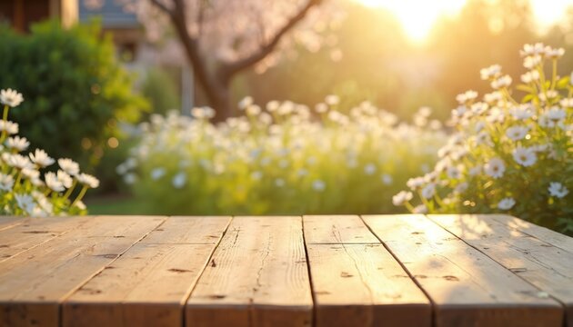 Wooden table in garden with sunlit flowers. Soft focus background shows greenery and blooming plants. Ideal for outdoor dining, spring, or summer product placement.