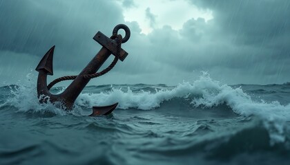 Rusty anchor sits in rough sea with rain falling. Heavy waves crash around old ship part. Dark stormy clouds gather overhead creating dramatic mood.