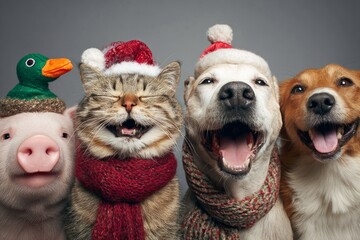 Cat, Dog, Pig Funny Portrait in Christmas Caps