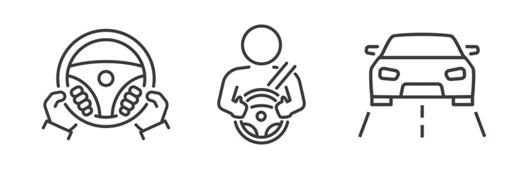 Drive Icons. Driver, Car, Steering Wheel Icon. Vector symbols.