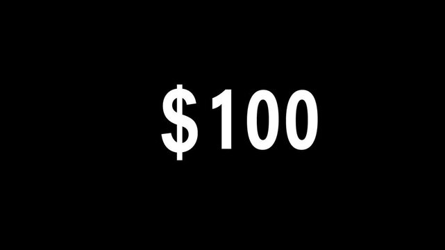 Dollar count 0 to 200 text icon animation.Numbers of dollar money currency counting text icon.