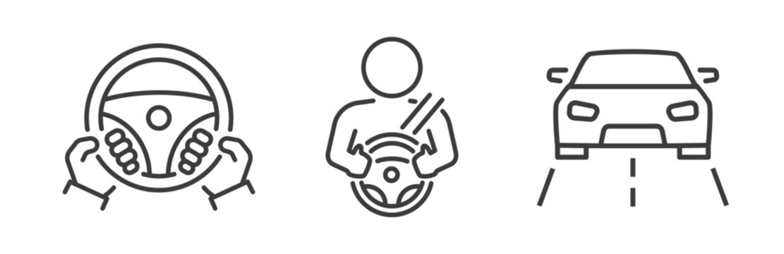 Drive Icons. Driver, Car, Steering Wheel Icon. Vector symbols.