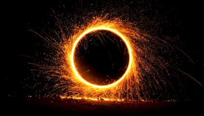 A circular, glowing portal of sparks, emerging from the dark, with a black center