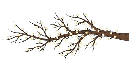 Fototapeta premium Bare tree branch decorated with numerous glowing round fairy lights against a plain white background for festive decor.