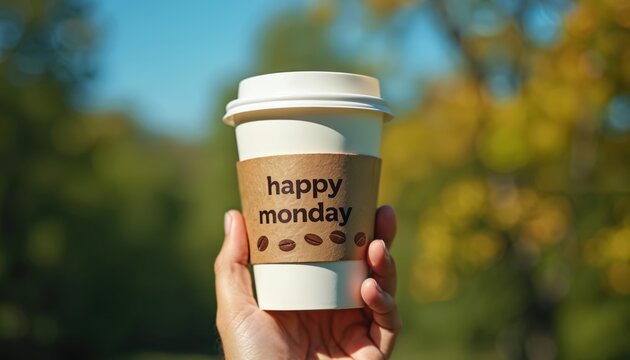 Person holds coffee cup with happy monday text outside. Blurred trees and blue sky background. Warm autumn day with sun. Start of work week motivation.