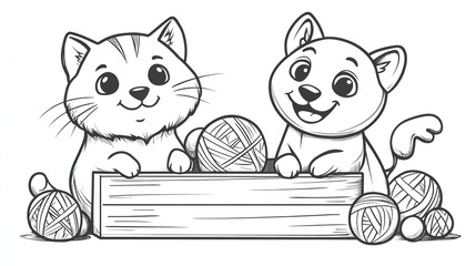 Two cute cats with yarn balls in a wooden box