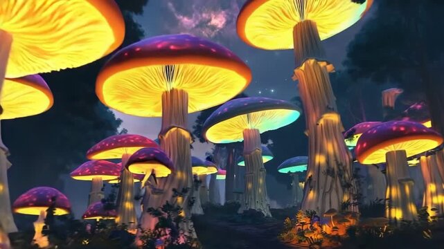 Glowing mushrooms illuminate a magical meadow under a night sky