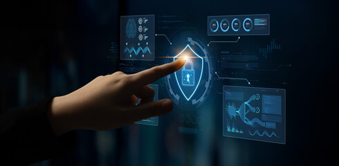 A futuristic cybersecurity dashboard for a Security Operations Center (SOC). The system monitors the network, analyzes data for threats, and provides comprehensive protection. Fermion