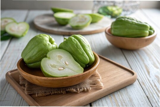 Fresh green chayote arranged on a light wooden surface, soft natural side lighting, minimal composition,