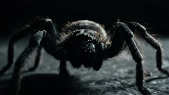 Dark Spider Crawling on Stone Surface.