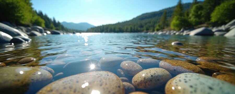 Clear river water flows over smooth rocks. Sun reflects on wet pebbles and ripples on bright sunny day. Rich green trees line mountain river banks. Calm water surface, blue sky.