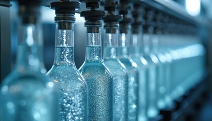 Row of clear glass bottles filled with carbonated water on automated production line. Bubbles rise in liquid inside transparent containers at beverage factory.