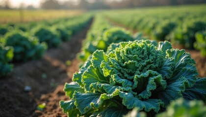 Green kale plants grow in neat rows across a sunny farm field. Healthy leaves unfurl towards the warm sunlight. Cultivation of winter vegetables yields fresh produce.