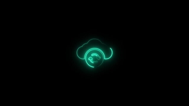 Glowing neon cloud with synchronization symbol on black background. Cyber ​​technology concept of cloud data synchronization with neon light effect. Modern digital cloud backup and update icon in neon
