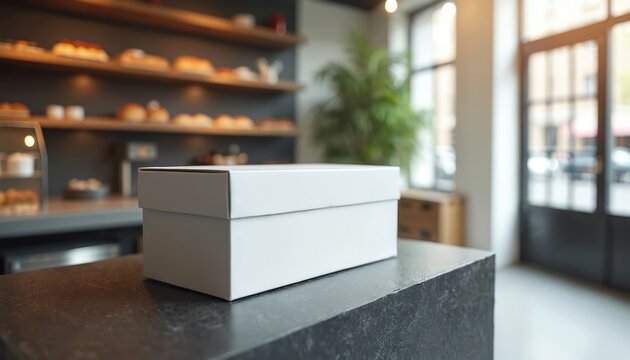 White paper box sits on dark counter in bakery cafe. Shelves with pastry, blurred background. Clean space for product mockup, package design, or food presentation.