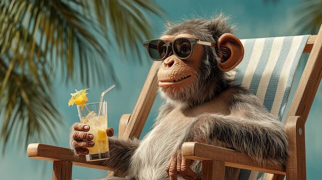 A monkey is sitting in a chair with a drink and sunglasses on. The scene is playful and lighthearted, with the monkey looking relaxed and enjoying its time