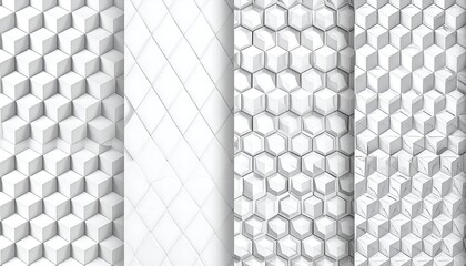 Collection of abstract, white, geometric 3D textures, featuring cubes, diamonds and honeycombs
