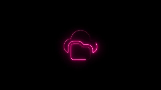 Neon pink cloud and folder icon representing cloud storage on black background. Cloud computing and file management concept with bright neon icons. Digital data storage and network backup illustration
