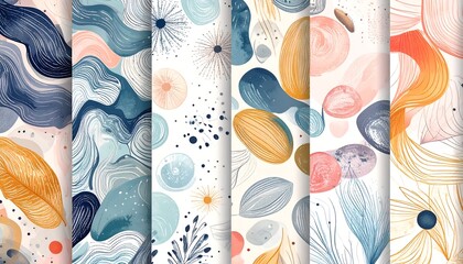 Six abstract patterned vertical panels in soft blues, oranges, and pinks with organic forms
