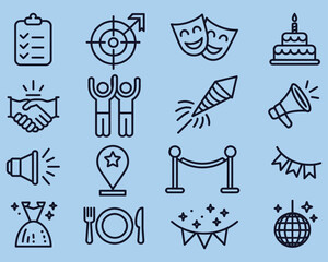 event planning icon set vector illustration editable stroke collection for wedding party corporate meeting conference celebration organizer and event management tools.