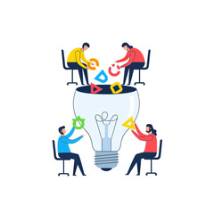 Minimalist 2D flat vector illustration showing four office workers collaborating around a giant floating light bulb, symbolizing shared innovation and brainstorming.