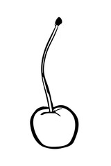 Minimalist hand-drawn cherry illustration in a simple doodle style. Black ink outline of a single berry with a long stem, organic fruit element isolated on white background for modern graphic design