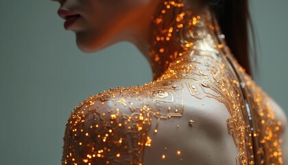 Human shoulder covered in gold circuits and glowing lights. Futuristic tech integration on skin, body part detail with intricate patterns and abstract design.