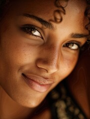 Close-up of a person with a warm smile and curly hair, conveying friendliness and warmth.