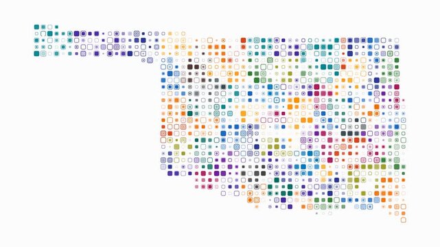 Oklahoma animated shape. Pulsating colored dots on the map of the state. Small size rounded square blocks. Digital style Oklahoma map on white background. Awesome animation video.