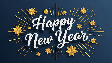 Elegant Happy New Year greeting card design featuring golden stars and radiant light rays on a deep dark blue background, perfect for festive holiday celebrations and joyous wishes