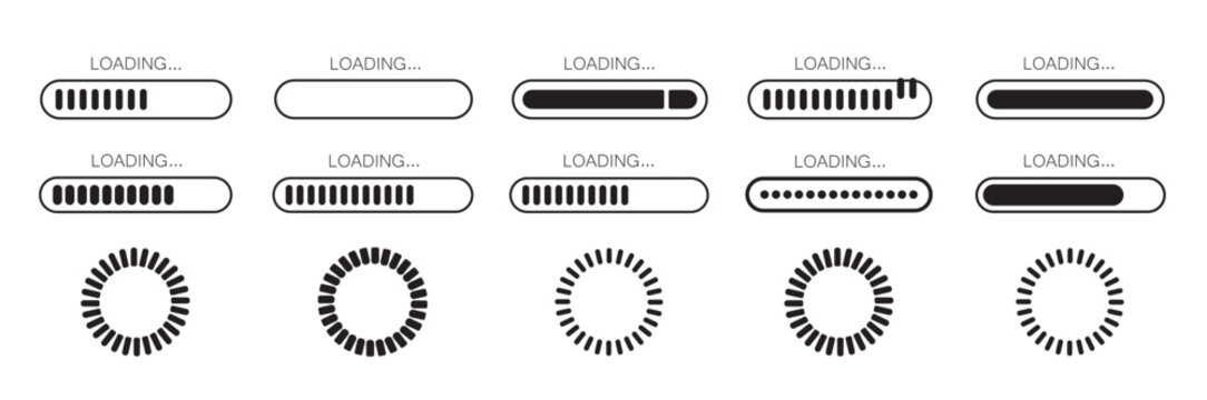Set of vector loading icons. loading bar progress icon. Download progress. Collection Loading status. Vector illustration.