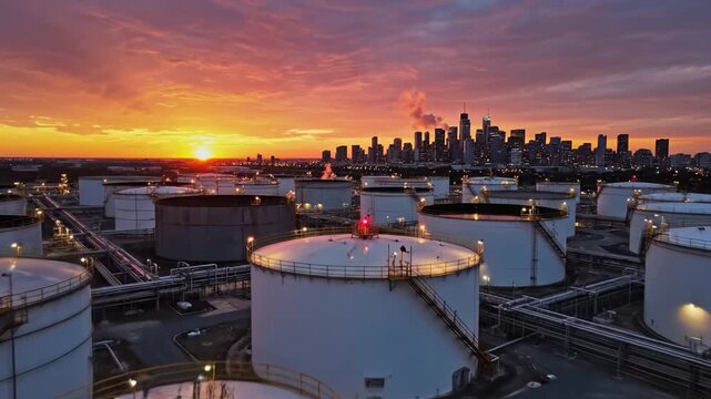 Sunset oil storage tanks industrial terminal with city skyline background sunset oil terminal with storage tank farm, industrial pipes and stairways glowing warm light sunset over industrial tank