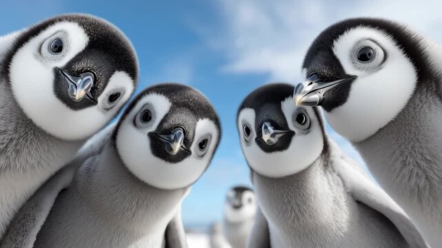 Four penguins are standing in a row, looking at the camera. Scene is playful and lighthearted, as the penguins seem to be posing for a photo