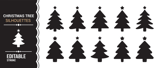 Fototapeta premium Black solid evergreen tree icons for Christmas, New Year, and seasonal graphics