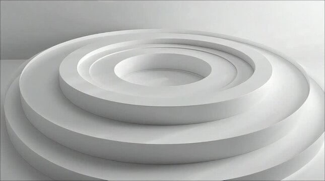 A minimalist abstract image featuring a stack of concentric white circular rings creating a tiered platform.