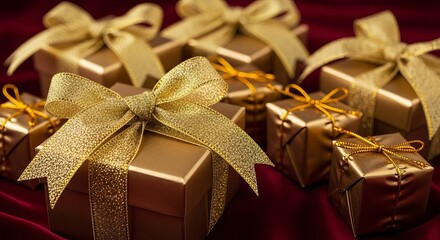 Luxurious gifts wrapped in gold on a luxurious red velvet fabric