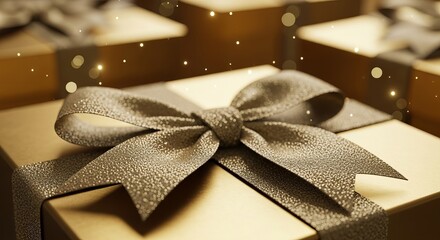 A beautifully wrapped gift box with a silver bow and sparkling lights surrounding it