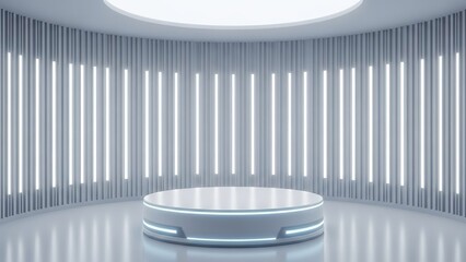 Modern minimalist room with sleek circular stage and ambient lighting