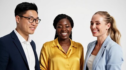 A confident and successful professional team of diverse business people, an Asian man, a Black woman, and a Caucasian woman, smiling together
