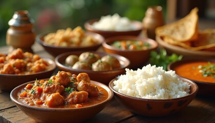 Rich Sri Lankan food assortment on wooden table. Featuring spicy curries, fluffy rice, and traditional snacks. This meal offers authentic tropical island taste and culture.
