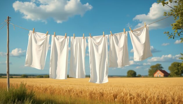 White sheets dry on a clothesline outside a farmhouse. A golden wheat field stretches towards the horizon under a blue sky with fluffy clouds. Clean laundry hangs on a wire, secured by clothespins.