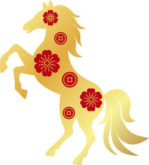 Golden Horse Silhouette. Gold Chinese Zodiac Horse. Golden Horse with Red Floral and Coin