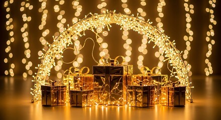 A festive display of gift boxes surrounded by a golden archway of lights