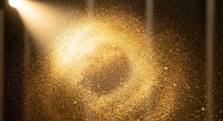 A beam of light illuminates a swirling cloud of golden powder in a dark environment