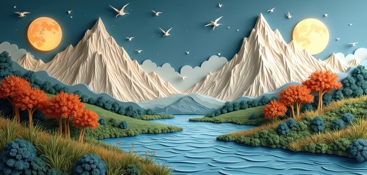 Paper quilling art shows sunlit mountains near blue water. Lush green hills with bright orange trees and flying birds complete scene. Peaceful landscape invites imagination. - Powered by Adobe