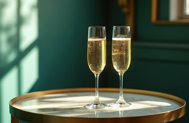 Two glasses filled with sparkling champagne rest on a marble table. Sunlight streams through a window, casting shadows on the teal wall behind. Bubbles rise in the golden liquid.