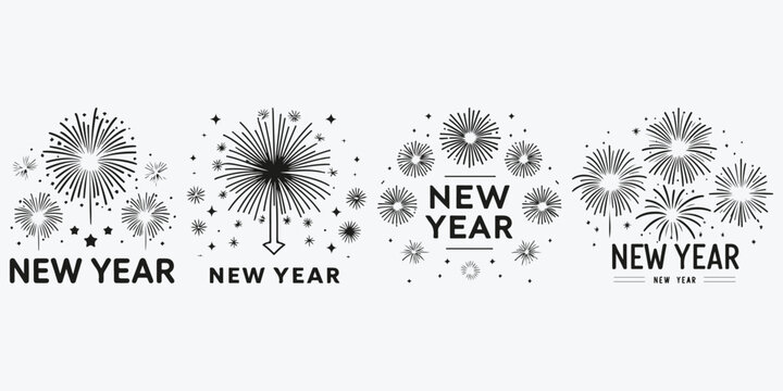New year concept logo with fireworks sketch illustration vector set